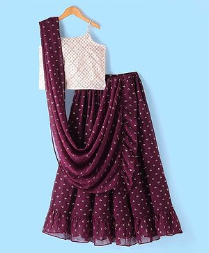Pine Kids Sleeveless Brocade Tiered Choli Lehanga  Set - Plum