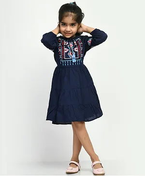 Bella Moda Full Sleeves Cotton Geometric Embroidered Dress - Blue