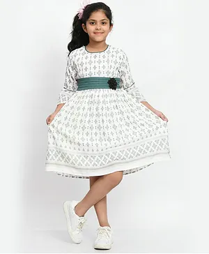 Bella Moda Three Fourth Sleeves 100% Cotton Block Printed Dress with Floral Applique - White