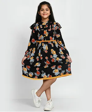 Bella Moda Full Sleeves 100% Cotton Fit & Flare Floral Printed Dress - Black