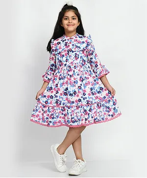 Bella Moda Full Sleeves Tiered 100% Cotton Fit & Flare Floral Print Dress - Blue