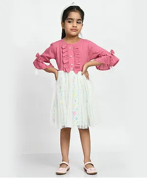 Bella Moda Three Fourth Sleeves 100% Cotton Fit & Flare Mesh Floral Print Dress - Light Pink