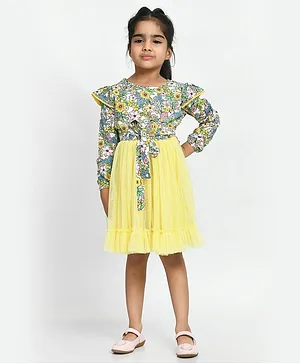 Bella Moda Full Sleeves 100% Cotton Fit & Flare Floral Printed Dress with Mesh Detailing - Yellow