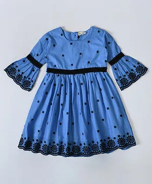 Bella Moda Three Fourth Sleeves 100% Cotton Solid Colour Dress with Floral Embroidery and Lace Detailing - Dark Blue