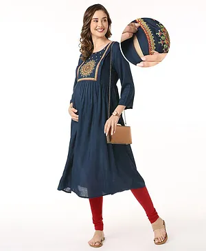 Bella Mama 100% Viscose Woven Embroidered Yoke Three Fourth Sleeves Maternity Kurti with Pocket - Teal Blue