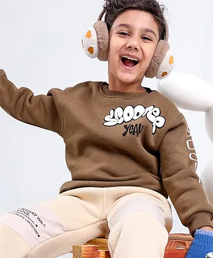 Little Kangaroos Cotton Full Sleeves Sweatshirt Text Print- Brown