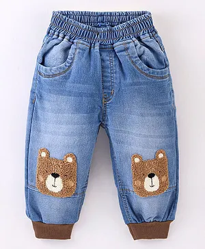 Little Kangaroos  Baggy Fit Stretchable Denim Jeans With Bear Patch Work- Light Blue