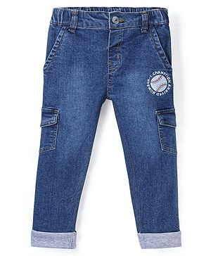 Babyhug Full Length Stretchable Washed Denim Jeans With Mock Fly  - Blue
