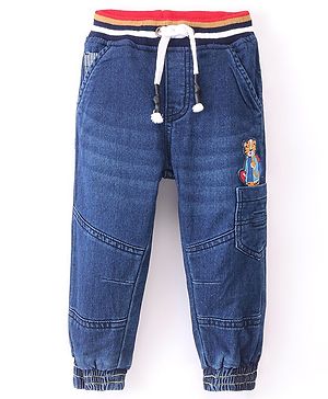 Babyhug Denim Full Length Washed Jogger With Stretch & Tiger Patch - Blue