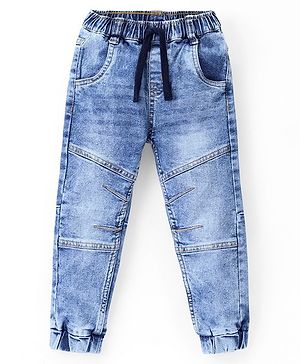 Babyhug Full Length Stretchable Washed Denim Joggers- Blue