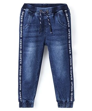 Babyhug Full Length Stretchable Washed Denim Joggers- Blue