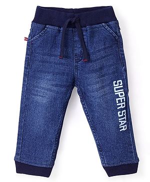 Babyhug Cotton Spandex Full Length Stretchable Washed Joggers with Text Print - Blue