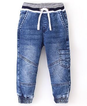 Babyhug Denim Full Length Washed Jogger With Stretch - Blue