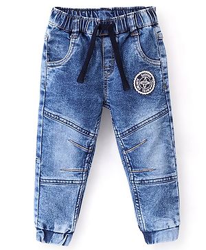 Babyhug Cotton Spandex Full Length Stretchable Washed Joggers - Blue
