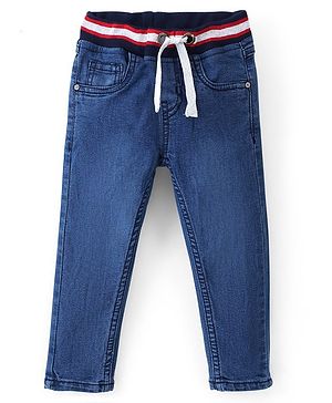 Babyhug Cotton Full Length Washed Denim Jogger with Stretch - Dark Blue