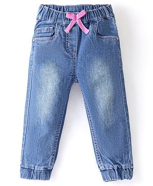 Babyhug Cotton Denim Washed Full Length Jogger with Stretch - Mid Blue