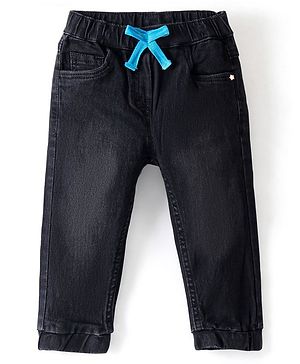 Babyhug Cotton Denim Washed Full Length Jogger with Stretch - Black