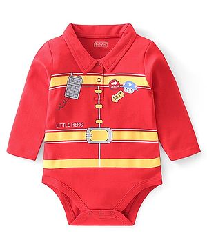 Babyhug 100 % Cotton Knit Full Sleeves Firefighter Theme Printed Onesie - Red
