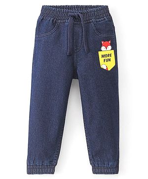 Babyhug Cotton Spandex Full Length Stretchable Joggers with Fox Print - Dark Blue
