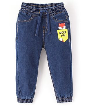 Babyhug Cotton Spandex Full Length Stretchable Joggers with Fox Print - Mid Blue