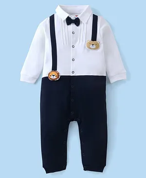 Babyhug 100% Interlock Cotton Knit Full Sleeves Party Romper with Bow Tie - White & Navy Blue