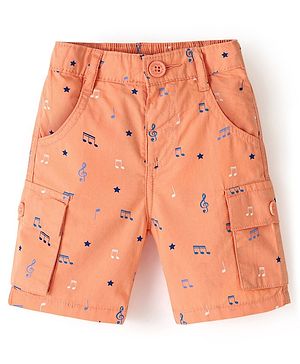 Babyhug 100% Cotton Woven Above Knee Length Bermuda Music Note Print - Light Orange