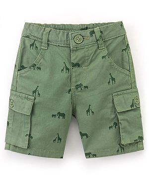 Babyhug Cotton Lycra Above Knee Length Bermuda Giraffe Print - Olive Green