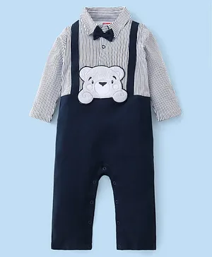 Babyhug 100% Cotton Interlock Knit Full Sleeves  Romper with Bow Details & Bear Patch- Navy Blue
