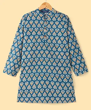 Pine Kids 100% Cotton Woven Full Sleeves Kurta Floral Print - Teal Blue