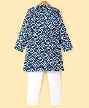 Pine Kids 100% Cotton Woven Full Sleeves Kurta & Pyjama Set Floral Print - Navy Blue
