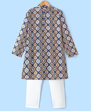 Pine Kids 100% Cotton Woven Full Sleeves Kurta & Pyjama Set Floral Print - Blue