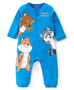 Babyhug 100% Cotton Full Sleeves Bear Print Romper - Blue