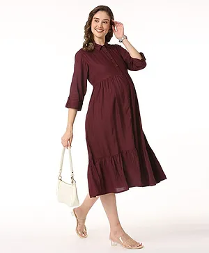 Bella Mama Half Sleeves Solid Tiered Maternity Shirt Dress With Pocket - Wine