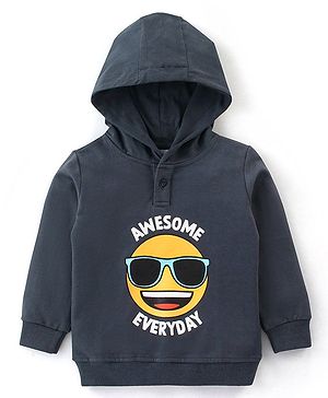 Babyhug Cotton Knit Full Sleeves Sweatshirt with  Hood & Emoji Graphic  - Grey