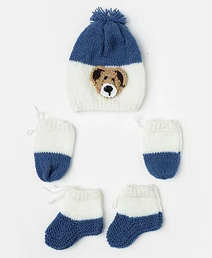 The Original Knit Handmade Cap With Socks & Mittens  - Blue & White