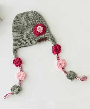 The Original Knit Unisex  Handmade Flower Embellished Cap - Grey & Pink