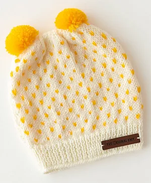 The Original Knit - Knitted White & Yellow Handmade Pom Pom Cap - White & Yellow