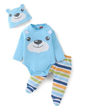 Babyhug 100% Cotton Full Sleeves Onesies with  Leggings & Cap Bear Print - Blue