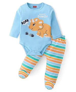 Babyhug 100% Cotton Knit Full Sleeves Onesies with Leggings Dino Print- Blue