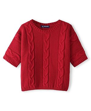 Pine Kids Knit Three Fourth Sleeves Sweater With Cable Knit Design - Deep Red