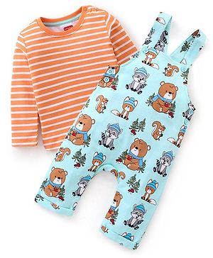 Babyhug 100% Cotton Knit Animal Print Dungaree with Full Sleeves Stripe Inner Tee - Orange & Light Blue