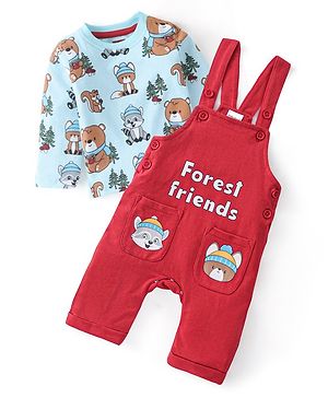 Babyhug 100% Cotton Knit Dungaree with Full Sleeves Inner Tee Animals Print - Light Blue & Red