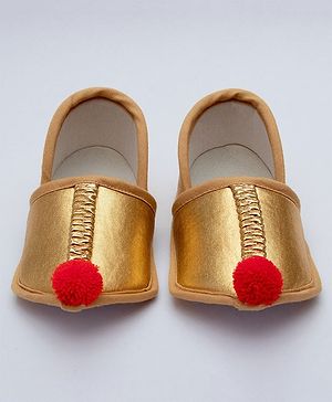 Daizy Pom Pom Appliqued Cotton Ethnic Booties - Golden