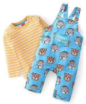 Babyhug 100% Cotton Knit Raccoon & Bear Printed Dungaree with Full Sleeves Striped Inner Tee - Blue & Orange