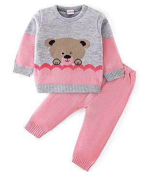 Babyhug Knit Full Sleeves Sweater Set Teddy Design - Grey & Pink