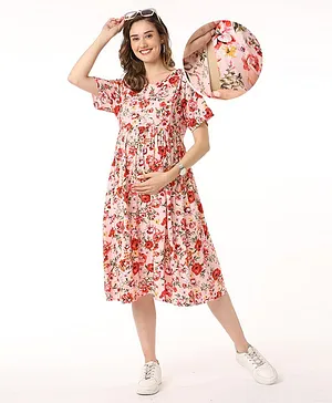 Bella Mama Women Viscose Half Sleeves Maternity Dresses With Pocket Floral Print - Pink