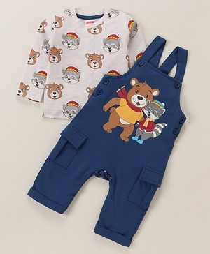 Babyhug 100% Cotton Knit Dungaree with Full Sleeves Inner Tee Teddy Print - Navy Blue & White Melange