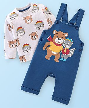 Babyhug 100% Cotton Knit Dungaree with Full Sleeves Inner Tee Teddy Print - Navy Blue & White Melange