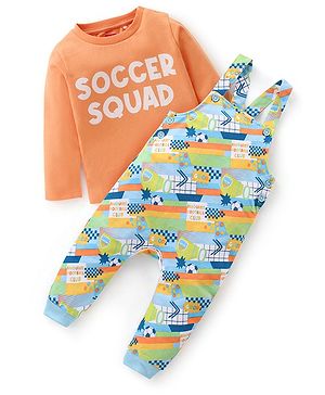Babyhug 100% Cotton Knit Dungaree with Full Sleeves Inner Tee Soccer Ball Print - Peach