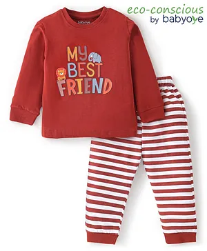 Babyoye 100% Cotton Full Sleeves Pyjama Set With Text Applique - Brown